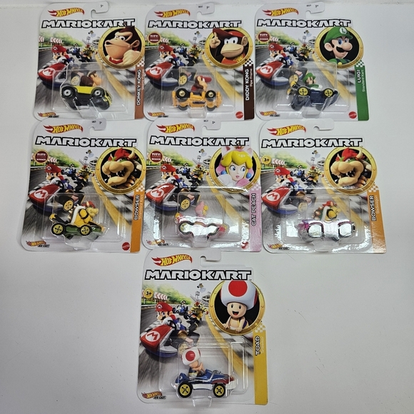 NEW Hot Wheels Mario Kart Lot 7 Toad Peach Donkey Kong Bowser Luigi Diddy Kong - Picture 1 of 4